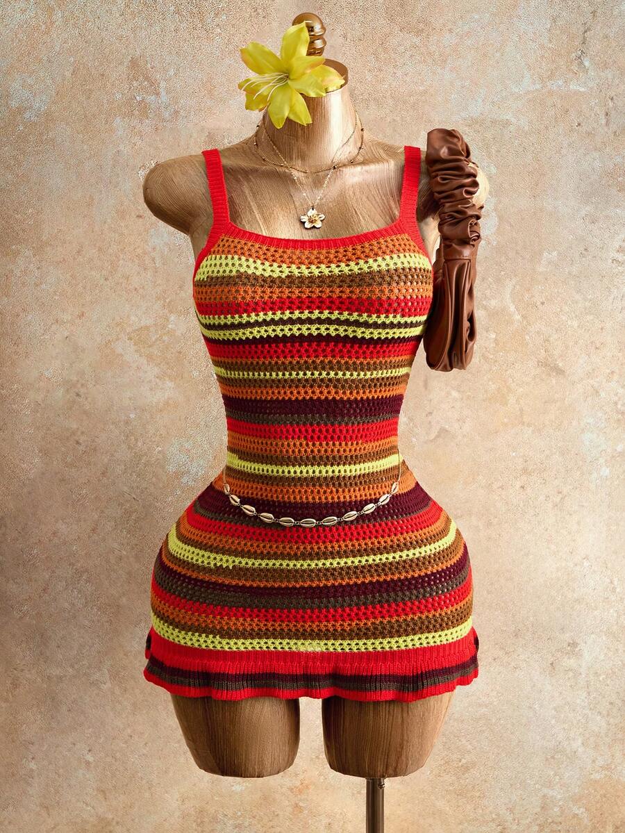 Mistrie Women's Sleeveless Striped Knit Dress, Short Fitted Frill Trim Summer Beach Vacation Dress - Multicolor - View 1