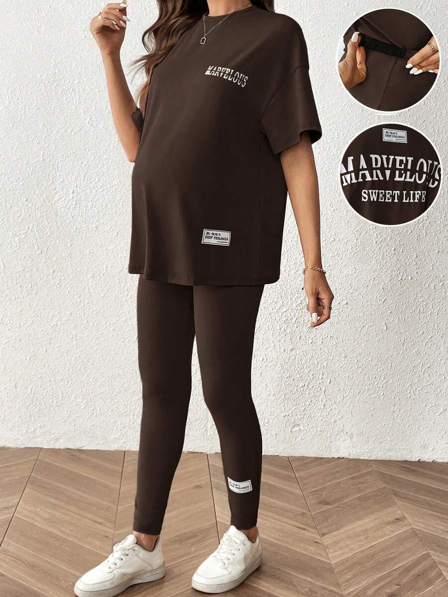 SHEIN 2pcs Maternity Casual Letter Print T-Shirt And Leggings Set, Summer - Coffee Brown - View 1