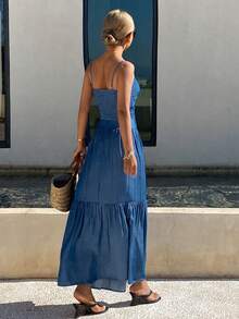 Livesso Casual Denim Camisole Top And Maxi Skirt Set For Women - Medium Wash - View 2