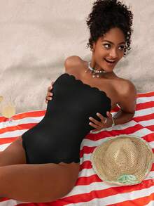 Swim Vcay 1pc Women Plain Color Strapless Scalloped One-Piece Swimsuit For Vacation For Summer - Black - View 4