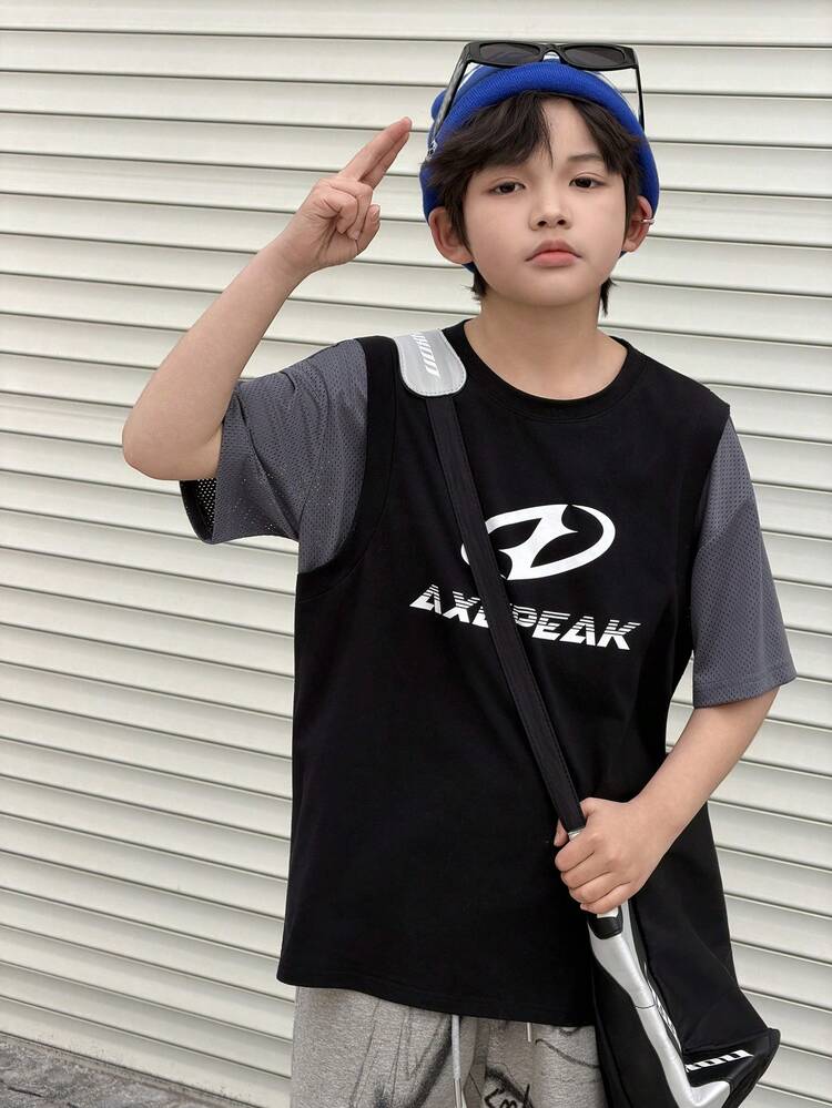 Tween Boy Colorblock Letter Print Crew Neck Short Sleeve T-Shirt