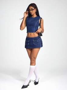 SHEIN ICON 女士性感撞色缝线露背系带短款牛仔上衣 - 深色水洗藍 - 查看 5