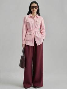 Ontre Áo sơ mi nữ chất liệu vải dệt rộng rãi, thanh lịch, mẫu mới 2026SS, phù hợp cho thời tiết 5-15°C, phong cách công sở, đi làm, mặc hàng ngày, xuân/hè. Màu hồng kèm thắt lưng, đa năng cho các buổi hẹn hò, kỳ nghỉ, đám cưới, ngày lễ, phong cách thường ngày sành điệu. - Hồng - Xem 5