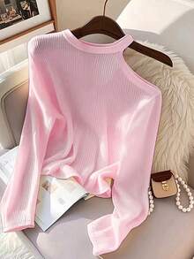 Franclia 女士纯色修身斜肩长袖T恤，罗纹针织上衣 - 粉色 - 查看 2