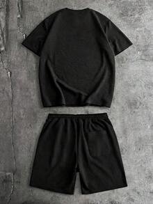 AXEPEAK Men's Casual Letter Print T-Shirt And Shorts Set, Summer - Black - View 8
