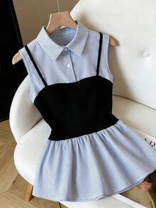 Franclia Multicolor Geometric Collared Sleeveless Flared Shirt With Ruffle Hem For Women Casual Wear - Multicolor - View 4