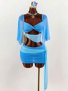 Amplova Vacation Two-Tone Cropped Asymmetrical Hem Blouse & Low Waist Mini Skirt Set For Women - Blue - View 3