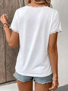 Selamara Women's Spring/Summer New Lace Trim V-Neck Short Sleeve T-Shirt - White - View 2