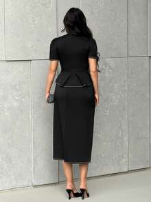 Modelyn Women's Elegant Commuter Shirt And Skirt 2 Pieces Set - Black - View 2