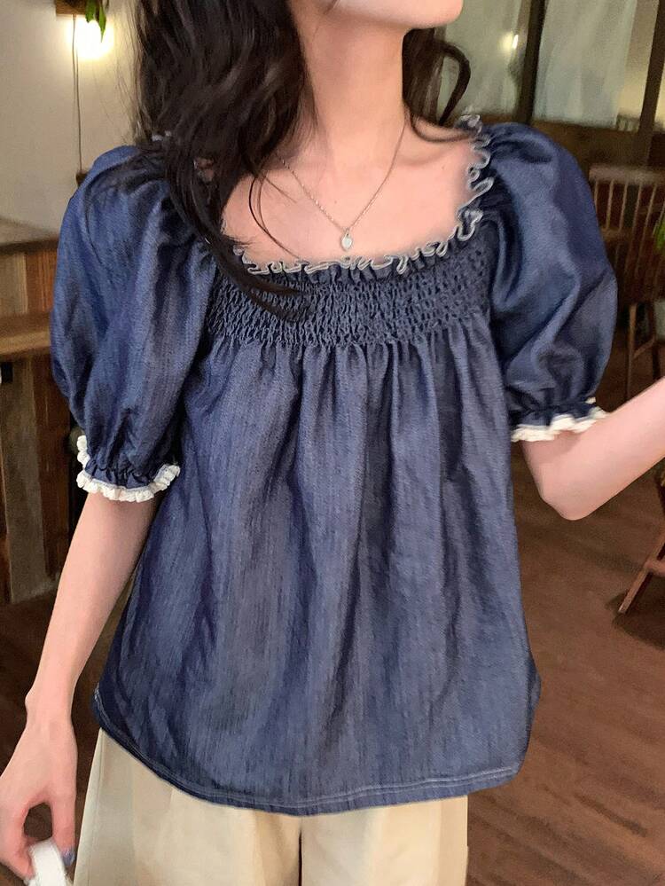 Women's Loose Petal Sleeve Denim Effect Shirt Babydoll Top