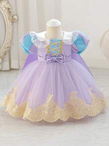 SHEIN Glamorique Kids Baby Girl Lavender Princess Dress,Elegant Summer Flower Girl Bridesmaid Gown,Purple Mesh Puffy Ball Dress With Cloak,Bubble Sleeve Birthday Partywear - Purple - View 3