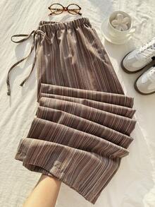 Comfortcana Celana Panjang Katun Linen Bertekstur Bergaris dengan Tali Serut di Pinggang, Nyaman, Kasual, Ukuran Besar, Celana Bergaris, Celana Pantai, Musim Gugur - Coklat - View 1