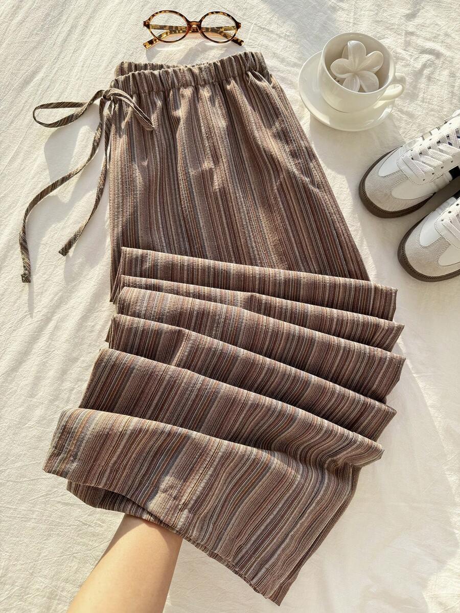 Comfortcana Celana Panjang Katun Linen Bertekstur Bergaris dengan Tali Serut di Pinggang, Nyaman, Kasual, Ukuran Besar, Celana Bergaris, Celana Pantai, Musim Gugur - Coklat - View 1