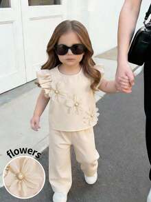 SHEIN Conjunto de 2 piezas de top con volantes y pantalones con diseño floral 3D lindo para niña bebé en verano - Albaricoque - Ver 1