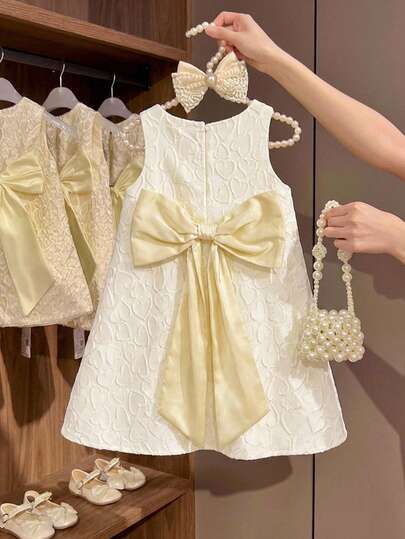 Cute Baby Girl Casual And Simple Jacquard A-Line Dress With A Large Bow Decoration On The Back. Suitable For Birthday Parties, Evening Parties, Performances, Weddings, Baptisms, Opening Ceremonies, Everyday Wear, School, Outings, And Spring/Summer. Baby Bow Dress Cream Baby Girl Dress Sleeveless Baby Dress Heart Textured Baby Dress Ivory Baby Dress