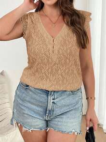 SHEIN Frenchy 大码纯色蕾丝边简约优雅T恤，夏季短袖T恤，度假必备，夏季女装，休闲日常穿着 - 卡其色 - 查看 2