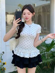 K-Vae Wave Striped Short Sleeve Cinched Waist New Knit Ballet Style Top - Beige - View 7