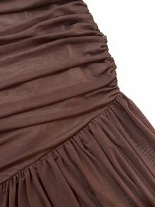 INAWLY 新款女士不对称肩部收腰无袖网纱紧身中长连衣裙 - 咖啡 - 查看 4