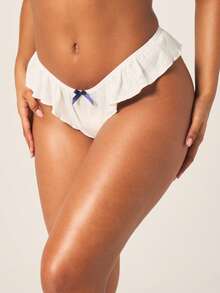 MISSGUIDED Pointelle Knit Thong With Contrast Bow Trim And Frill Detail Hipster Coverage Intimate Soft Elastic Waistband Underwear - White - View 1