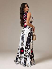 SHEIN Tall White Summer Boho Holiday Vacation Holiday Women's Plus Size Tropical Rainforest Retro Print Sleeveless A-Line Maxi Dress,Beach Sunbathing Streetwear, Tall Women - Multicolor - View 2