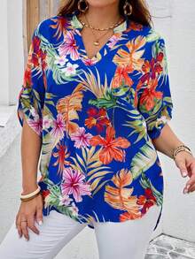 EMERY ROSE Plus Size Women Summer Casual Printed 3/4 Sleeve Shirt Women Blouses Summer Beach Shirts For Women Hawaiian Shirt Women Tropical Tops, Going Out Tops Plus Size Summer Shirt - Blue - View 3