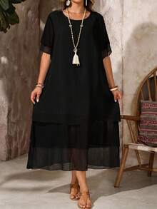 EMERY ROSE 大码休闲连衣裙，白色圆领，不对称飘逸下摆，波西米亚风格，适合春夏穿着/优雅女士大码连衣裙，女士夏季连衣裙，女士黑色连衣裙，夏季连衣裙，夏季服装，春季连衣裙，春季服装，女士春季服装，女士海滩度假服装，度假连衣裙，波西米亚风格 - 黑色 - 查看 4