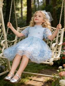 SHEIN Elladie kids 女童立领短袖刺绣花卉优雅夏季连衣裙 - 藍色 - 查看 9