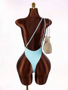 Amplova Women's Shiny Asymmetric Hollow-Out Sexy Backless One-Piece Swimsuit, Cute And Fashionable For Beach Vacation - Blue - View 2
