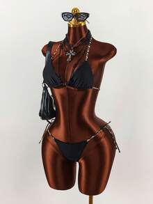 Amplova 女士豹纹双面比基尼套装，性感时尚，适合度假，基础款纯黑色两穿泳衣 - 彩色 - 查看 9