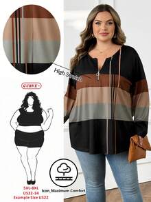 SHEIN CURVE+ 大码女式圣诞棕色领拉链设计T恤，圣诞主题女式T恤，大码秋冬服装 - 彩色 - 查看 1