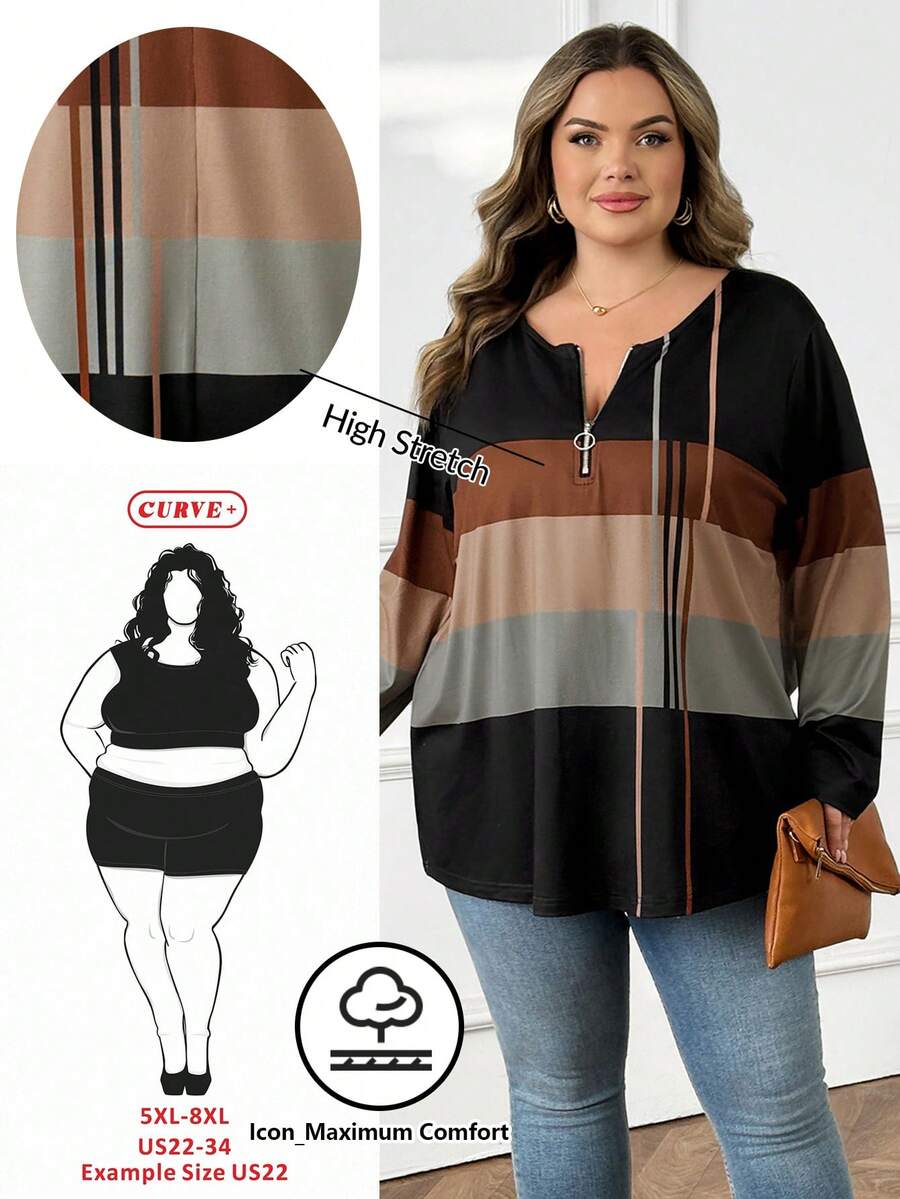 SHEIN CURVE+ 大码女式圣诞棕色领拉链设计T恤，圣诞主题女式T恤，大码秋冬服装 - 彩色 - 查看 1