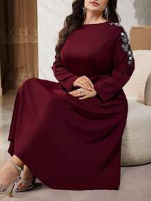 Modelyn Plus Size Pearl Decor Elegant Long Sleeve Dress Fall - Burgundy - View 8
