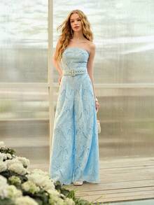 MOTF PREMIUM WOMEN'S ROMANTIC ELEGANT LACE BUCKLE BELTED BANDEAU JUMPSUIT, SPRING/SUMMER - Blue - View 6