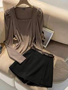 SHEIN Franclia Women's Casual And Elegant Coffee Brown Square-Neck Puff-Sleeve Ribbed Slim-Fit Top+Black Short Loose Culottes With Belt,Suitable For Daily Wear Party And Romantic Dates,Vacation Short Skirt Belted Skirt Top And Skirt Set Puff Sleeve Top Tops For Women Elegant Puff Sleeve Top Women Full Sleeve Tops Blouses For Women Elegant For Party Women's Skirt And Top Set Women Elegant Outfits Tops For Women Elegant Classy Women's Long Sleeves Tops Office Dresses For Ladies - Coffee Brown - View 5