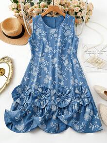 SHEIN LUNE Plus Size Women Floral Embroidery Casual Dress For Dating And Outing - Blue - View 2