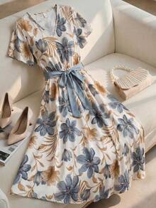 Miaspire Vestido elegante con estampado floral, cuello en V y mangas con volantes para mujer - Multicolor - Ver 4