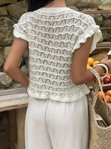 Sunnyshic Women's White Hollow Casual Ruffle Bow Tie Fashionable Versatile Summer Short Sleeve Thin Cardigan - White - View 2