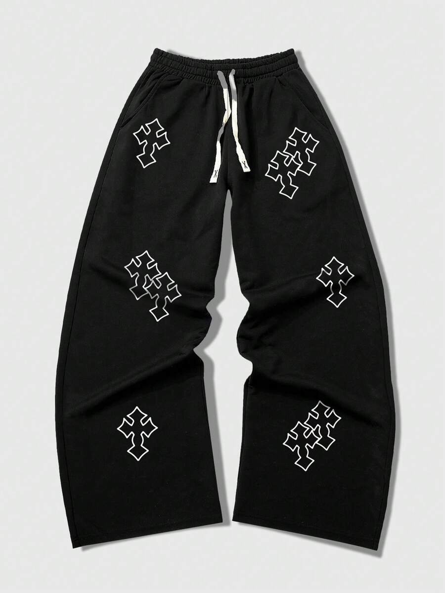 ROMWE MEN 男士交叉印花抽绳腰休闲宽松运动裤 - 黑色 - 查看 1