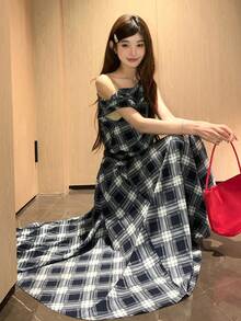 DAZY 韩版格子露肩褶裥中长连衣裙 - 黑與白 - 查看 5