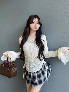 FRIFUL Áo croptop ôm sát cổ tròn dành cho nữ, chất liệu ren toàn thân, phối nhiều lớp bèo nhún ở cổ tay. - màu đen - Xem 3