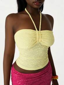 Amplova Beach Vacation Jacquard Textured Fabric Plunging Neckline Reversible Women Tank Top,Summer Top - Yellow - View 10