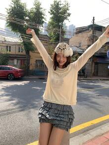 DAZY Camiseta de manga larga con cuello redondo y estampado, estilo coreano - Albaricoque - Ver 7