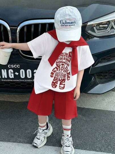 SHEIN Buy Two Get One 3pcs/Set Young Boy Kids Three Piece Set, Comfortable And Versatile For Daily Use, Loose Fit, Japanese And Korean Style, Simple And Fashionable Round Neck Short Sleeved Cute Teddy Bear Pattern Knitted Top T-Shirt, Shawl And Shorts. Multi Piece Set, Suitable For Spring And Summer Seasons, Daily Life, Sports, Campus, Gatherings, Festivals, Performances, Photography, Back To School Season