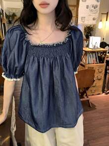 DAZY Women's Loose Petal Sleeve Denim Effect Shirt - Blue - View 9