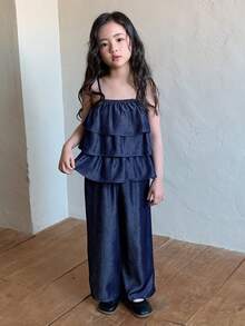 DAZY Set de 2 piezas de top de tirantes y pantalones casuales para niñas jóvenes en verano - Azul - Ver 1