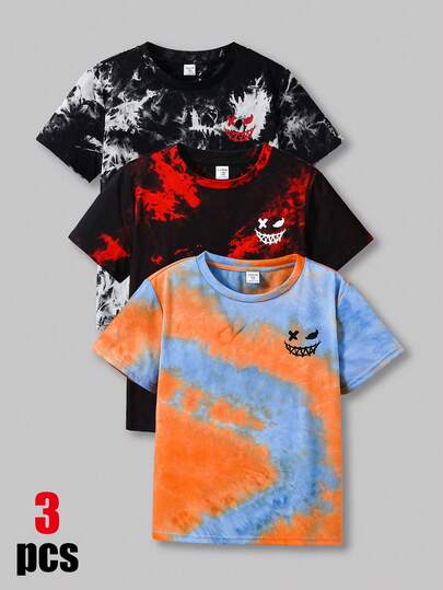 SHEIN 3pcs Tween Boys' Tie-Dye Graphic Short Sleeve T-Shirts, Suitable For School, Outings, Holidays, Parties, Spring & Summer