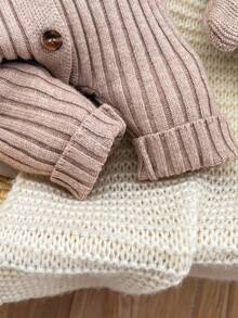 SHEIN Cozy Long Sleeve Newborn Button-Up Jumpsuit In Soft Striped Fabric Newborn Knit Outfit Boy Newborn Outfit Photoshoot Boy Neutral Newborn Baby Clothes Newborn Sweater Romper Newborn Knit Romper,In Fall/Winter - Camel - View 7