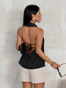 SHEIN PETITE Neue elegante Bluse für Frühling/Sommer, Vintage moderner asymmetrischer Kragen, ärmelloser Trägertop mit Rückenausschnitt und Schleifendekor, tailliertes schwarzes Bürohemd für Konzerte und Raves, Rave Top - Schwarz - Übersicht 3