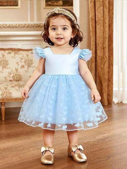Glamorique Kids Vestido de satén con encaje de tul y bordado de mariposa para niñas bebé, vestido azul sin mangas con lazo y espalda descubierta para fiesta de cumpleaños de bebé, vestido elegante y sencillo para uso diario, vacaciones, actuaciones y fiestas de noche para niños