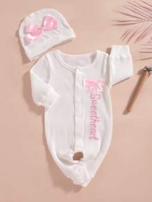 SHEIN 2Pcs Set Newborn Coming Home Outfits Baby Girl Photography Romper Embroidery Jumpsuit With Ribbon Bowknot Hat - White - View 3